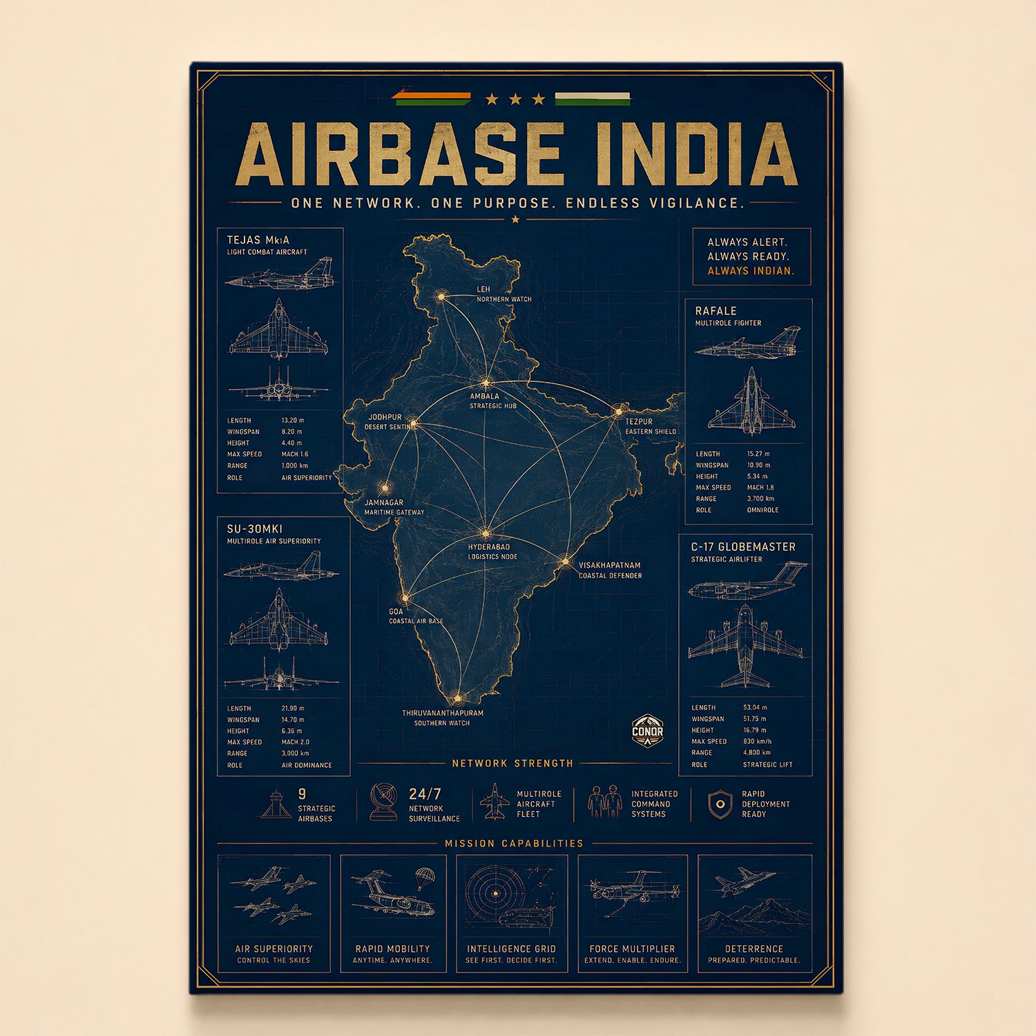 Gold map of India with connected airbase nodes and fighter blueprints – Airbase India