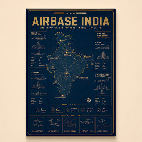 Gold map of India with connected airbase nodes and fighter blueprints – Airbase India