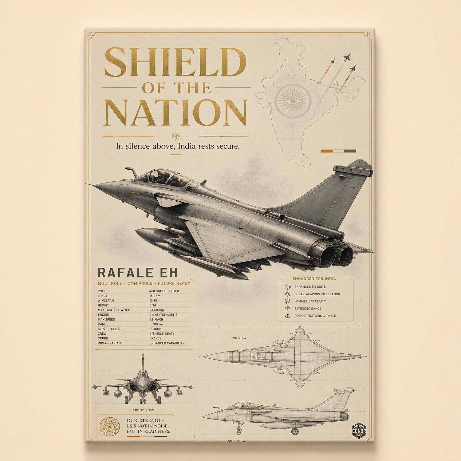 Vintage pencil study of the Rafale with front, top and side schematics – Shield of the Nation