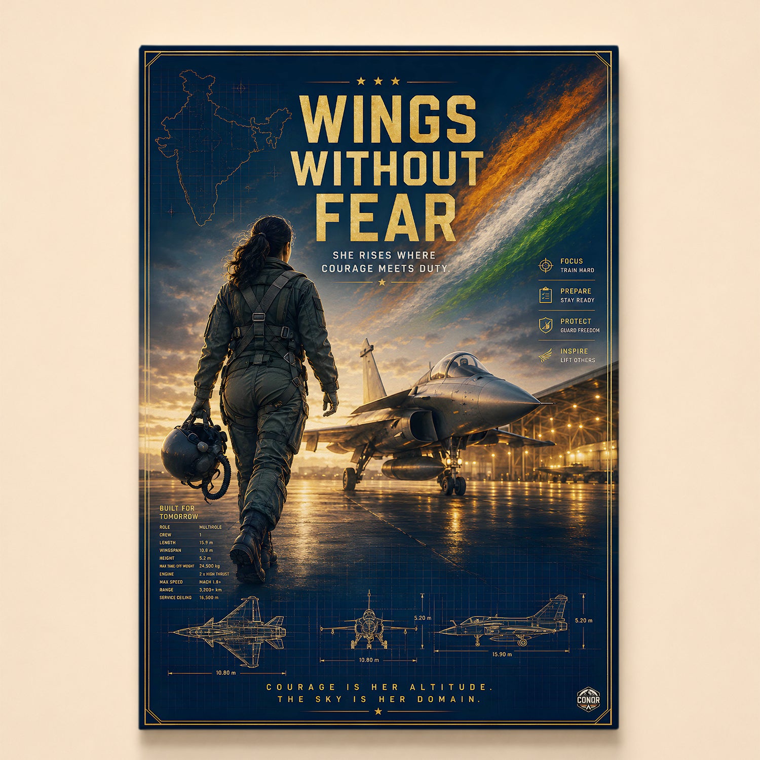 Woman pilot walking toward her fighter at tricolor dusk – Wings Without Fear