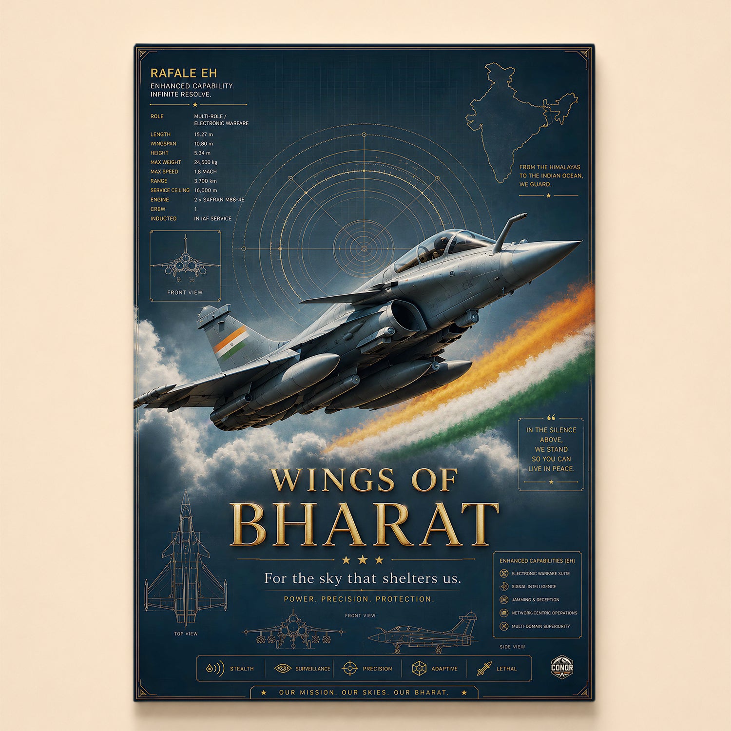 Rafale banking out of cloud with tricolor trail, radar rings and schematics – Wings of Bharat