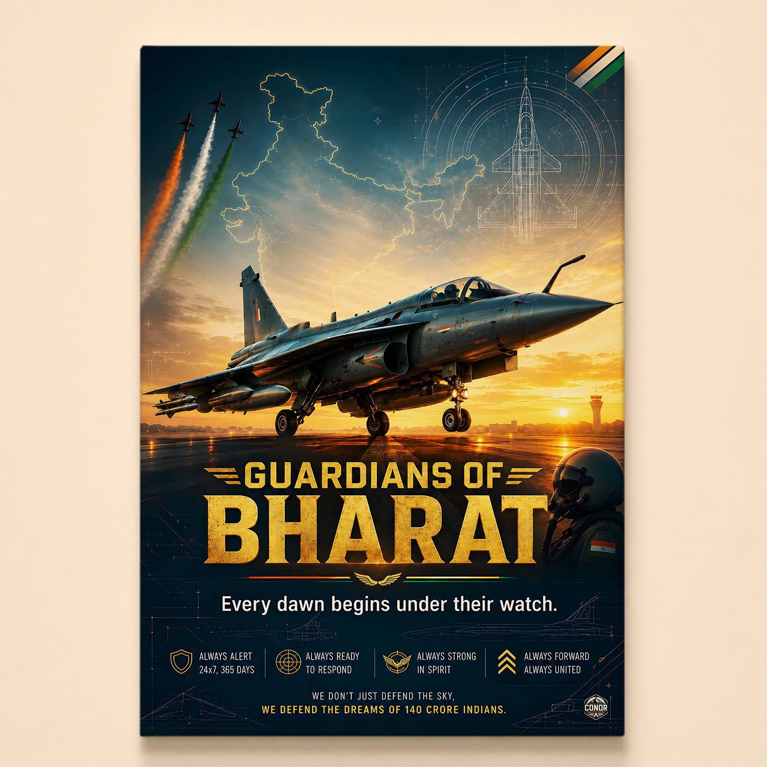 Fighter on a dusk runway as a formation writes the tricolor over India – Guardians of Bharat