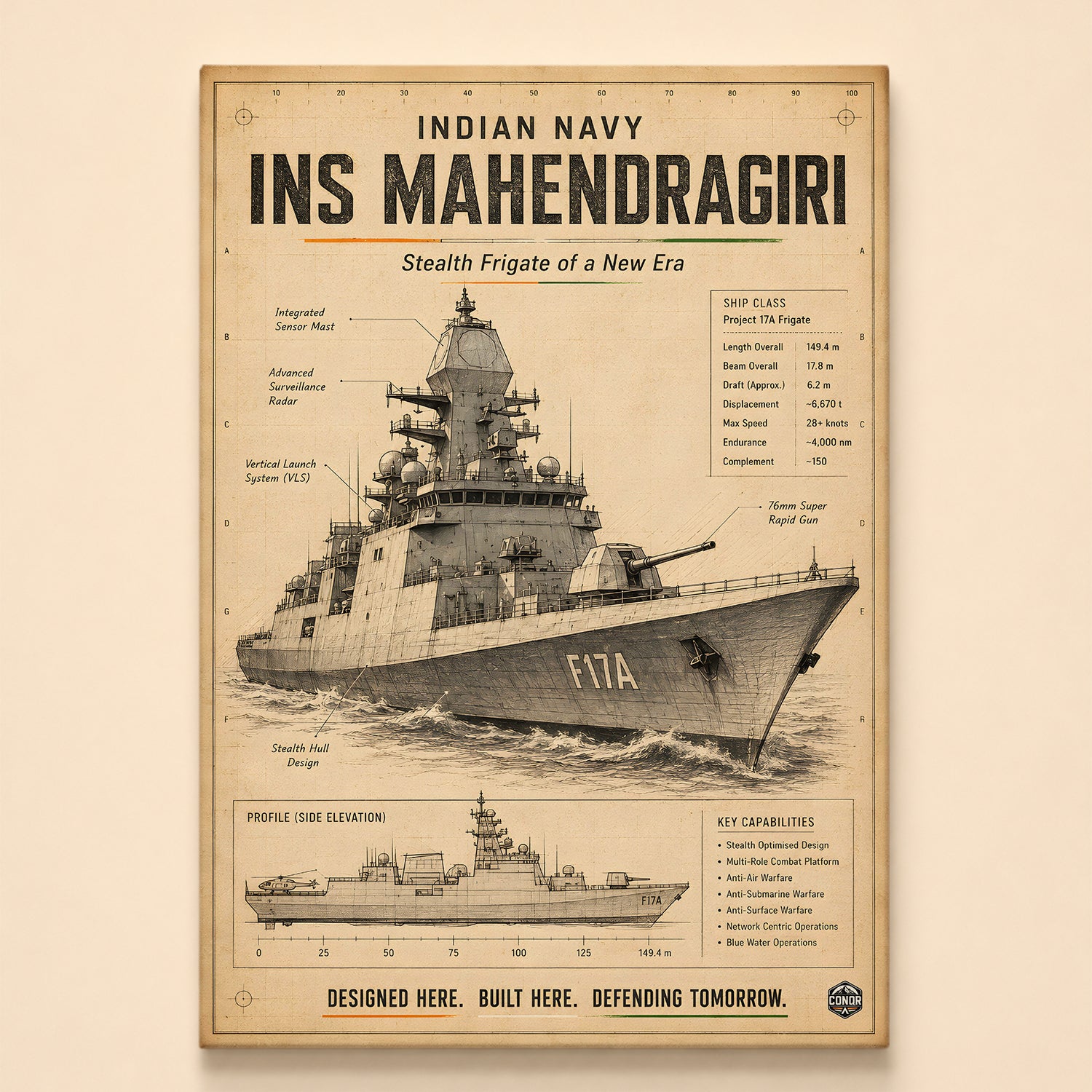 Vintage INS Mahendragiri Navy Wall Art (CONQR-BHARAT-NAVY-016)