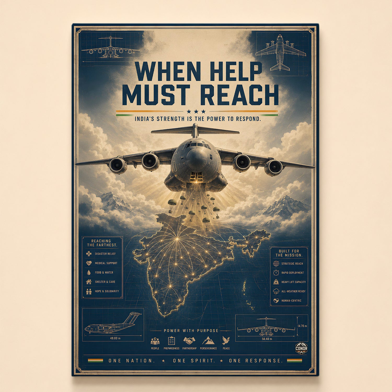 Transport aircraft dropping relief parachutes over a glowing map of India – When Help Must Reach