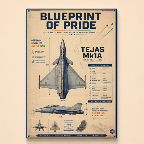 Tejas Mk1A engineering blueprint on aged kraft – Blueprint of Pride, made in India