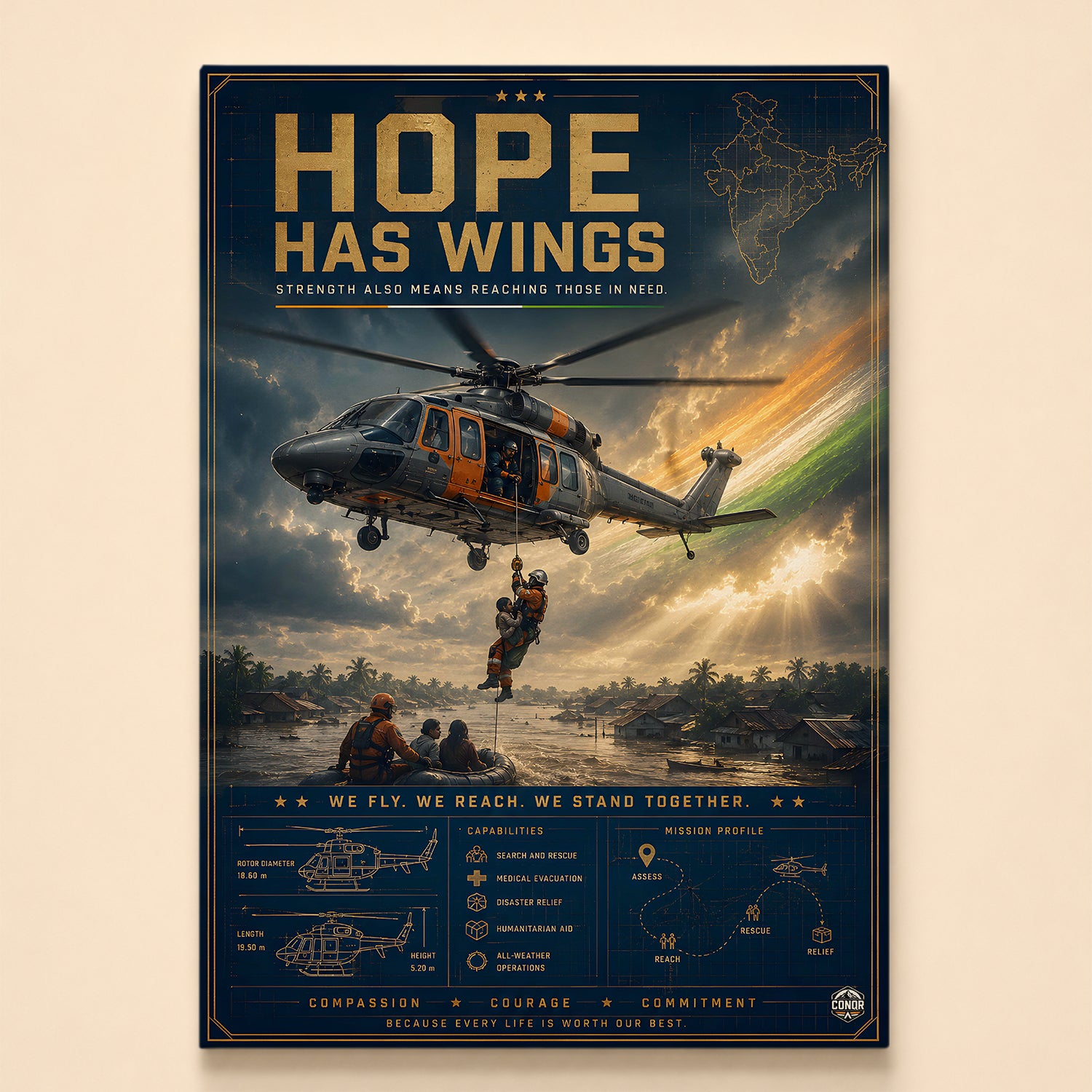 Rescue helicopter winching a survivor above flood waters – Hope Has Wings
