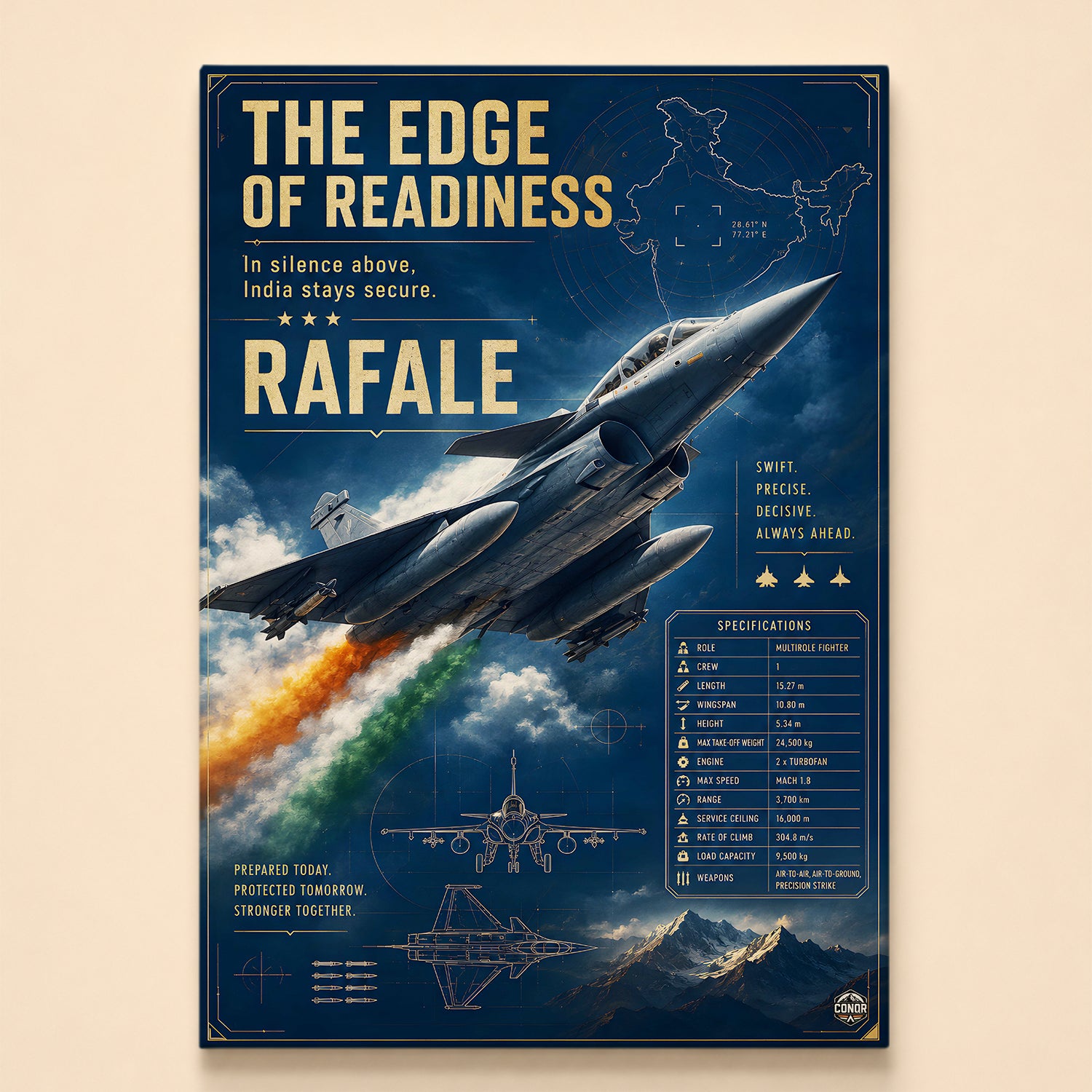 Rafale in a vertical climb trailing tricolor smoke with schematics – The Edge of Readiness