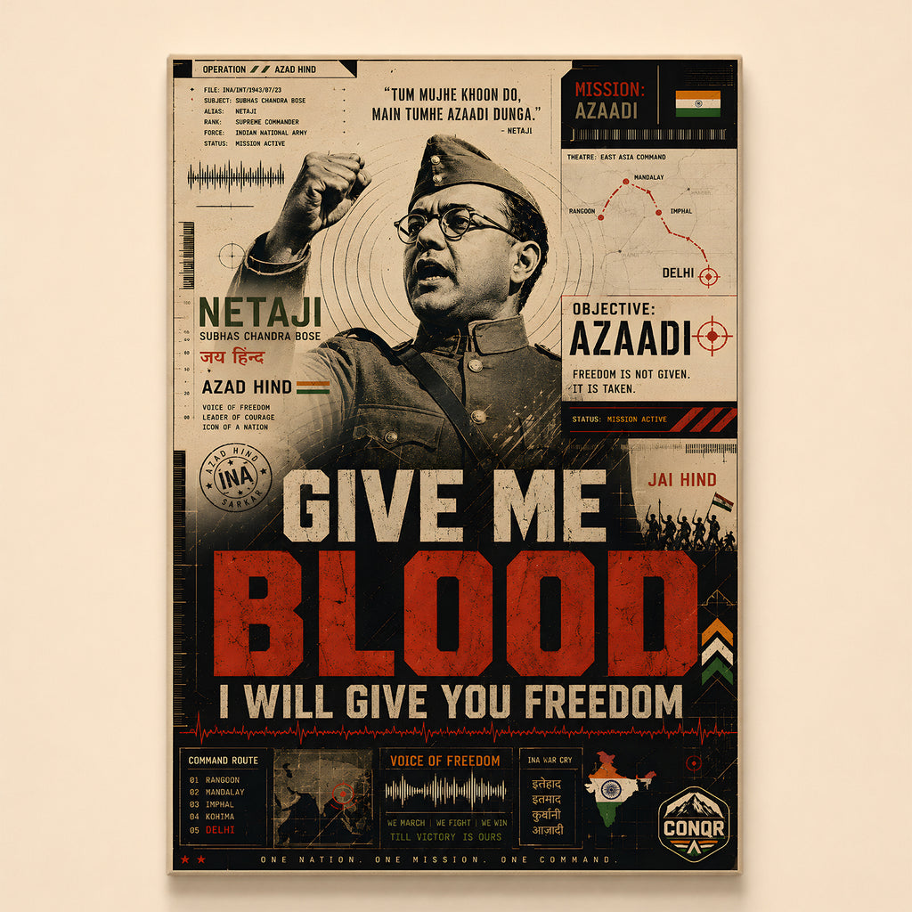 Netaji with raised fist beside the words Give Me Blood, INA canvas wall art