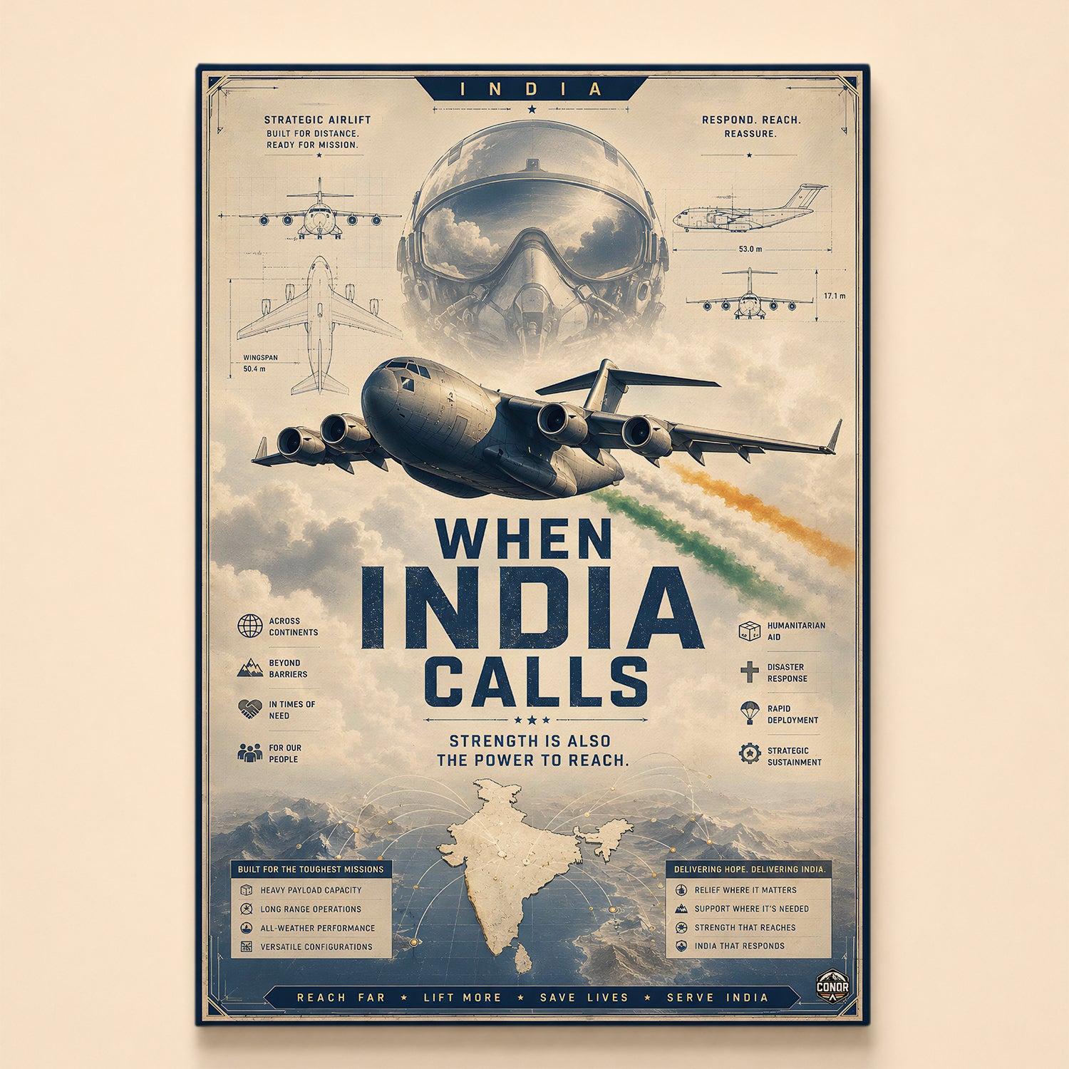 Heavy airlifter in vintage poster style trailing the tricolor – Strategic Airlift, When India Calls