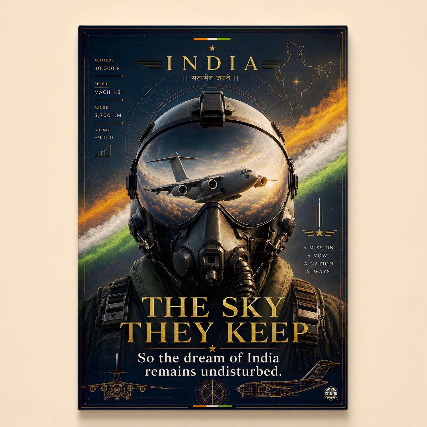 Pilot with a transport aircraft mirrored in the visor under a tricolor sweep – The Sky They Keep