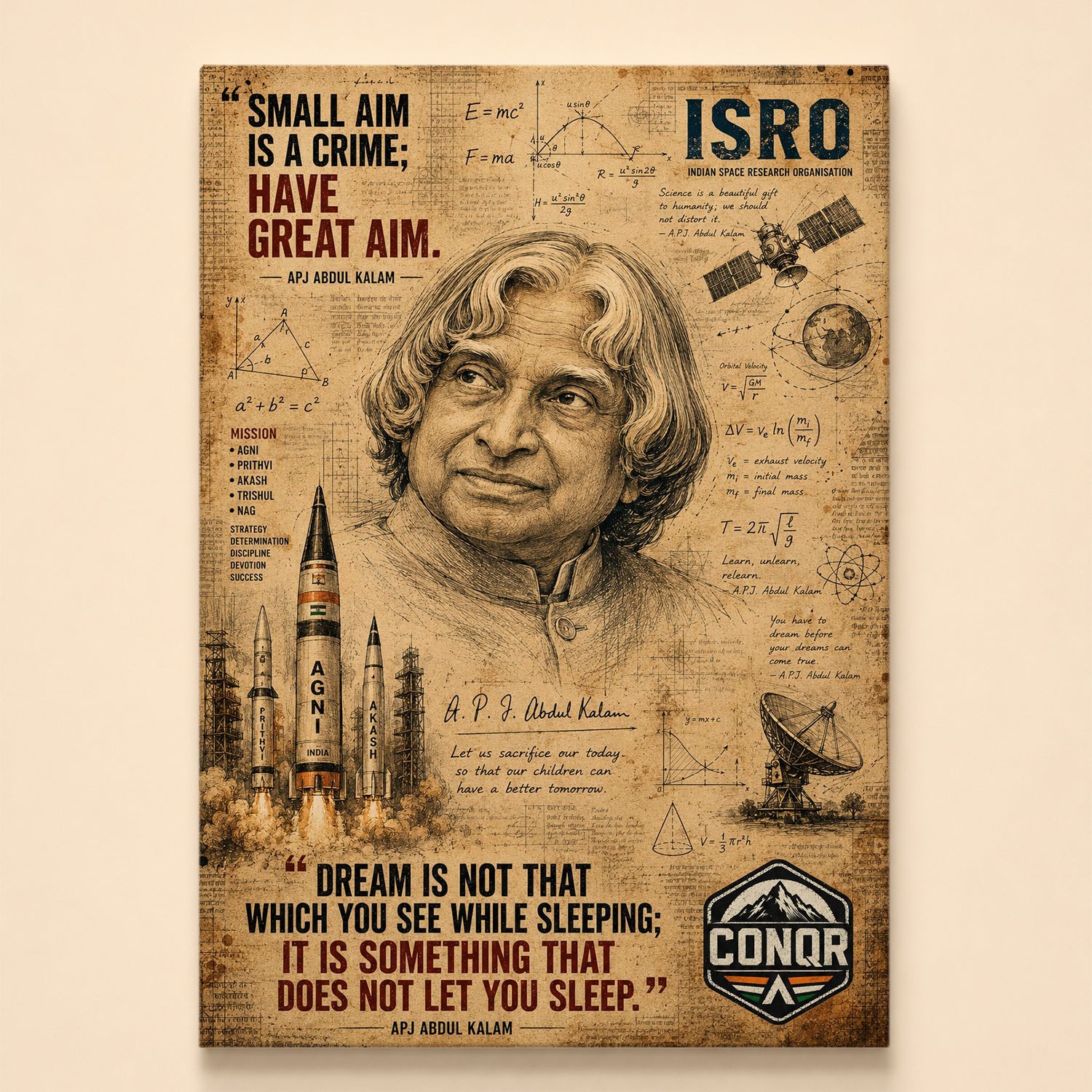 Sepia portrait of APJ Abdul Kalam among rockets, equations and telescopes – small aim is a crime