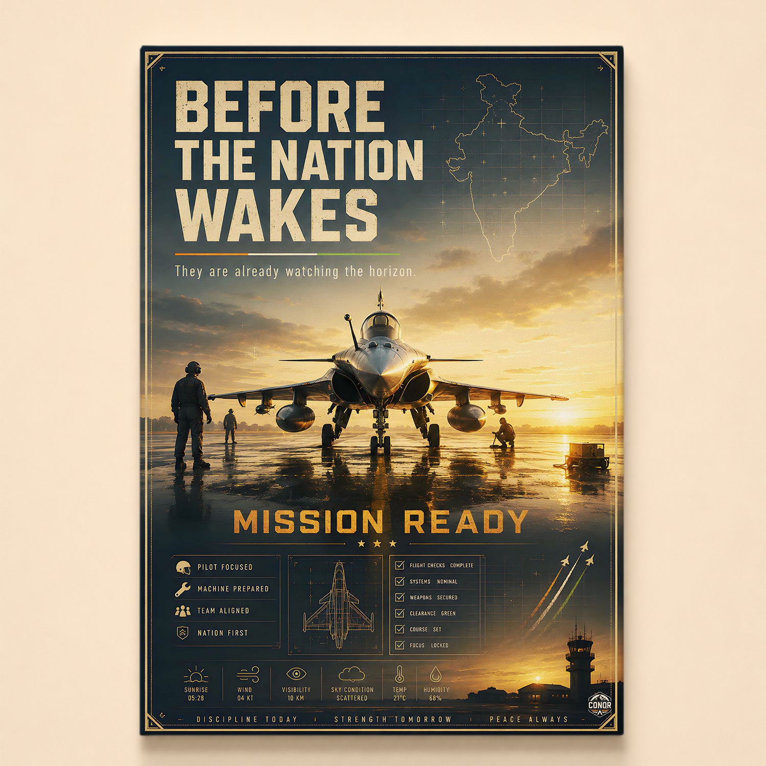 Ground crew readying a fighter at golden hour – Mission Ready, before the nation wakes