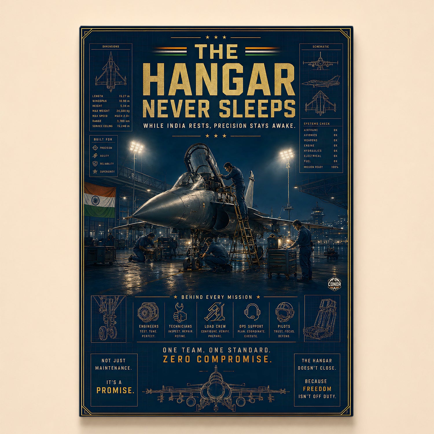 Technicians on night maintenance over a fighter in a floodlit hangar – The Hangar Never Sleeps