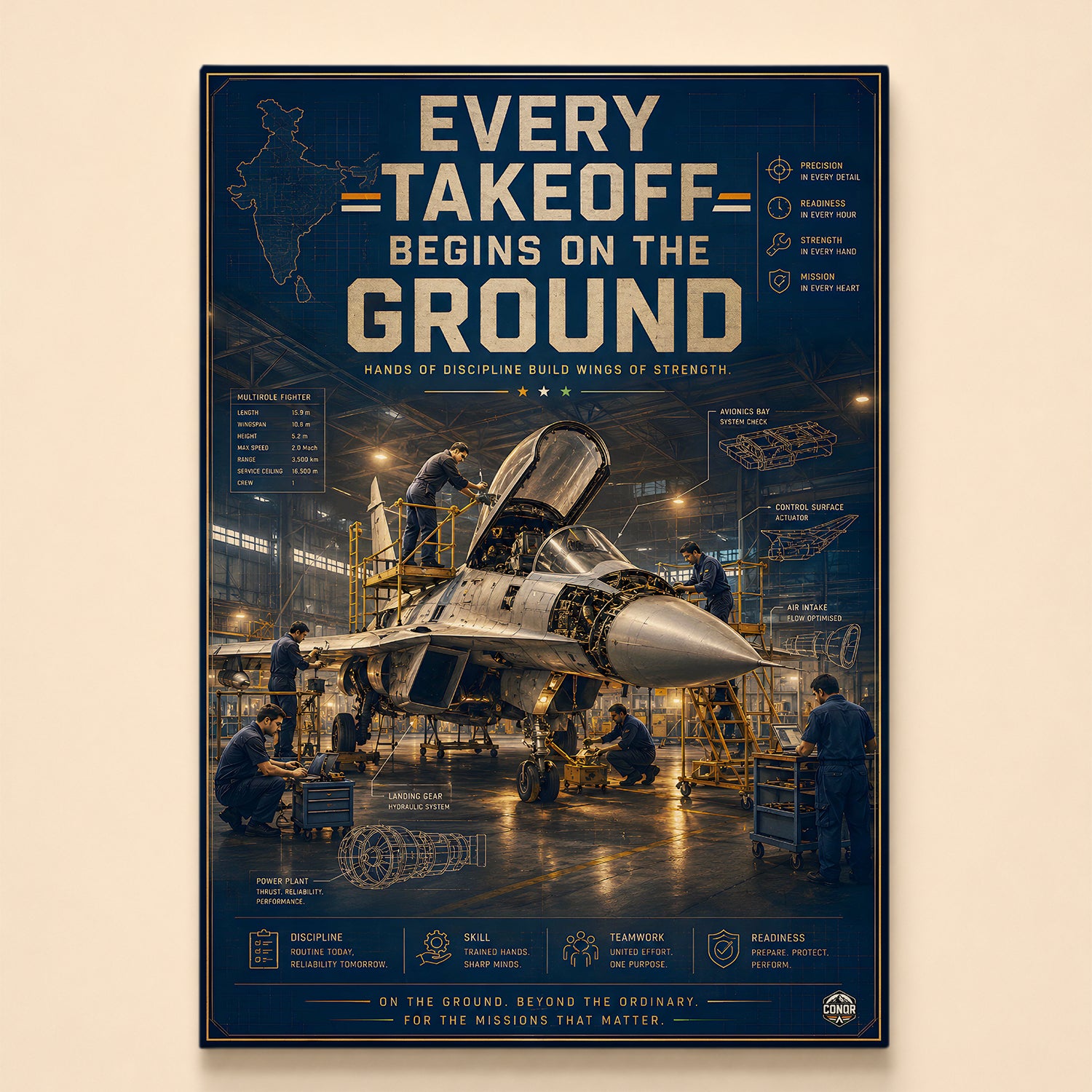 Ground crew in blue working over a multirole fighter – Every Takeoff Begins on the Ground