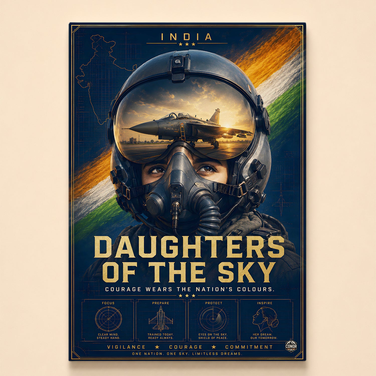 Woman fighter pilot with a Tejas Mk1A reflected in her visor – Daughters of the Sky