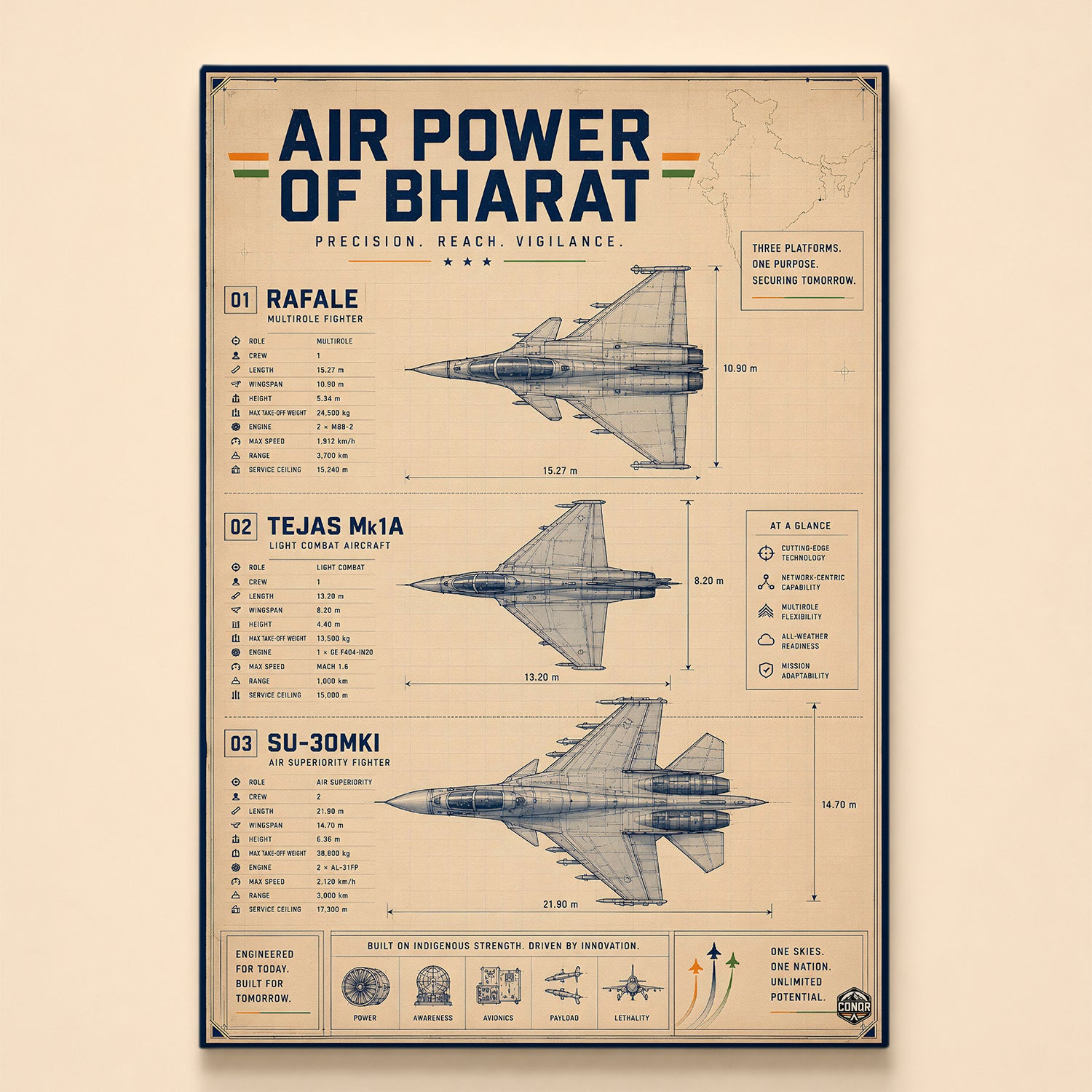 Three fighter blueprints with specifications on kraft paper – Air Power of Bharat