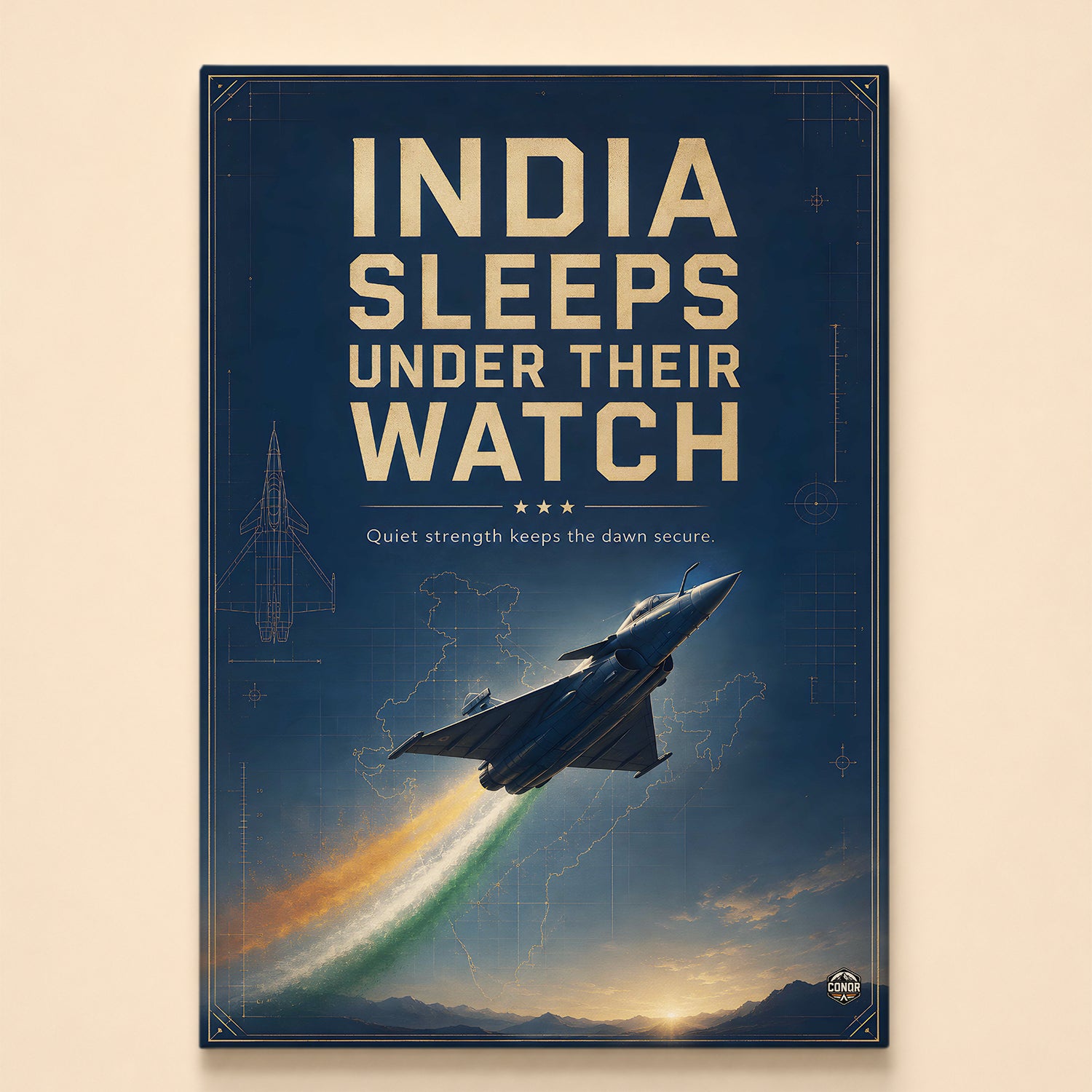 Fighter climbing at dawn trailing tricolor over a golden map of India – Under Their Watch