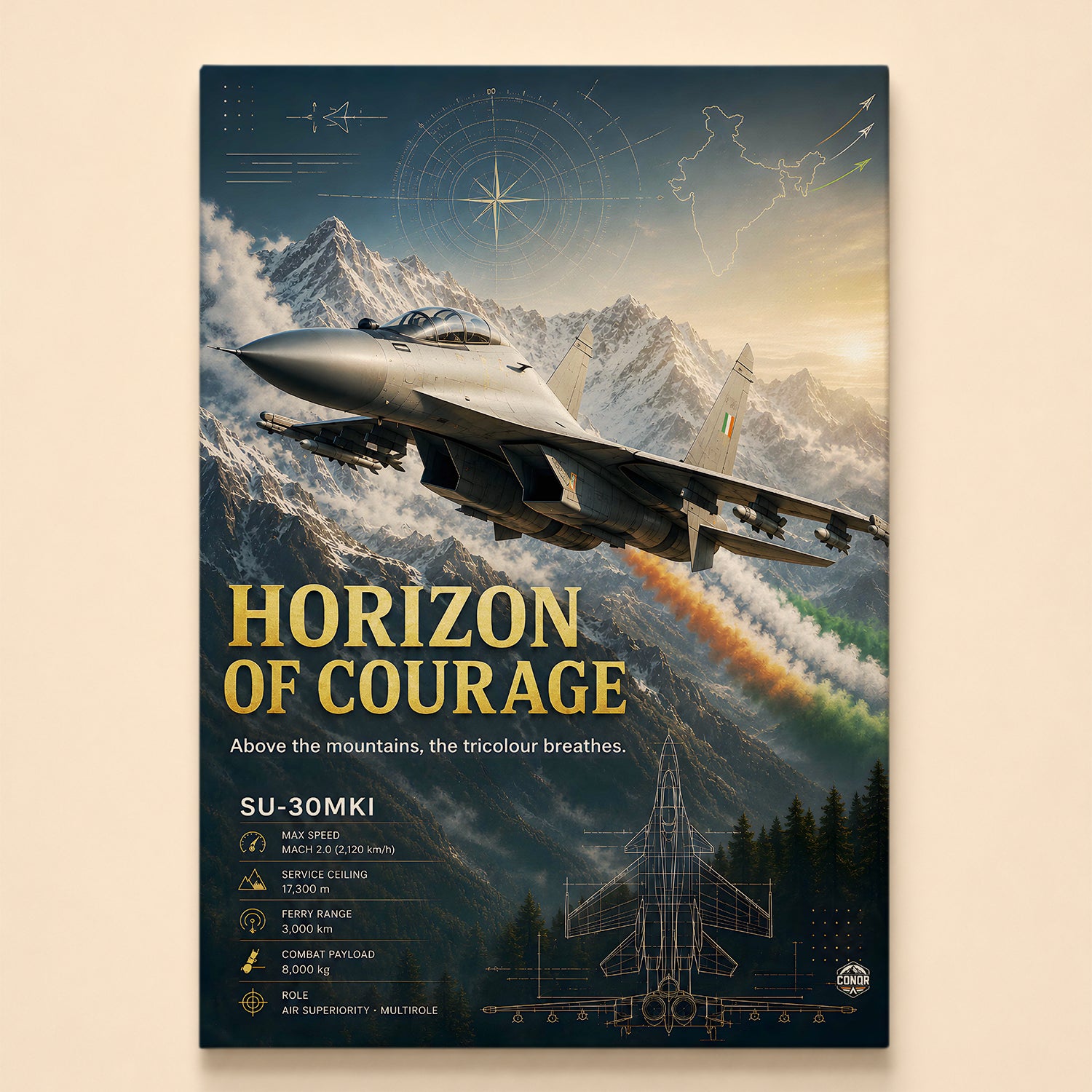Su-30MKI streaking over snow peaks with tricolour afterburner trails – Horizon of Courage
