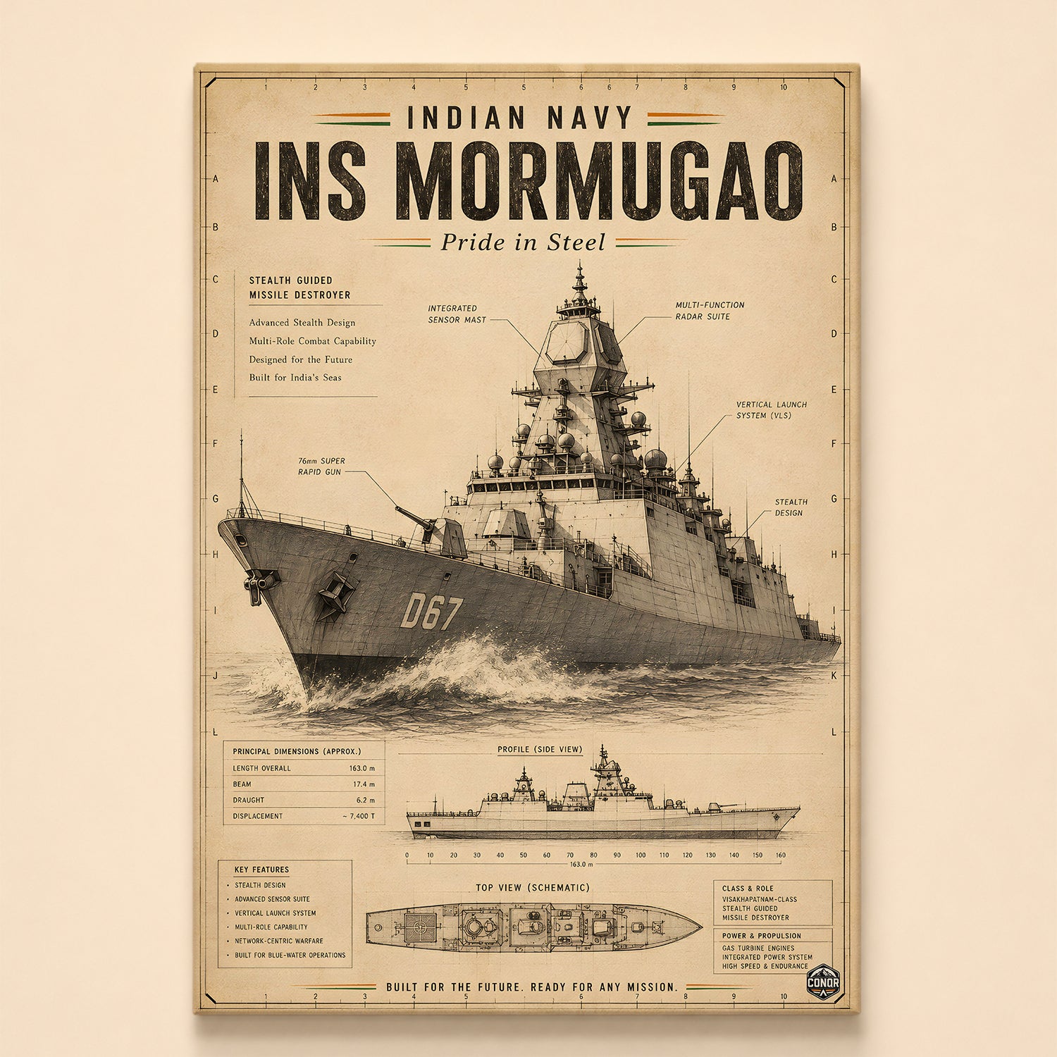 Vintage INS Mormugao Navy Wall Art (CONQR-BHARAT-NAVY-018)