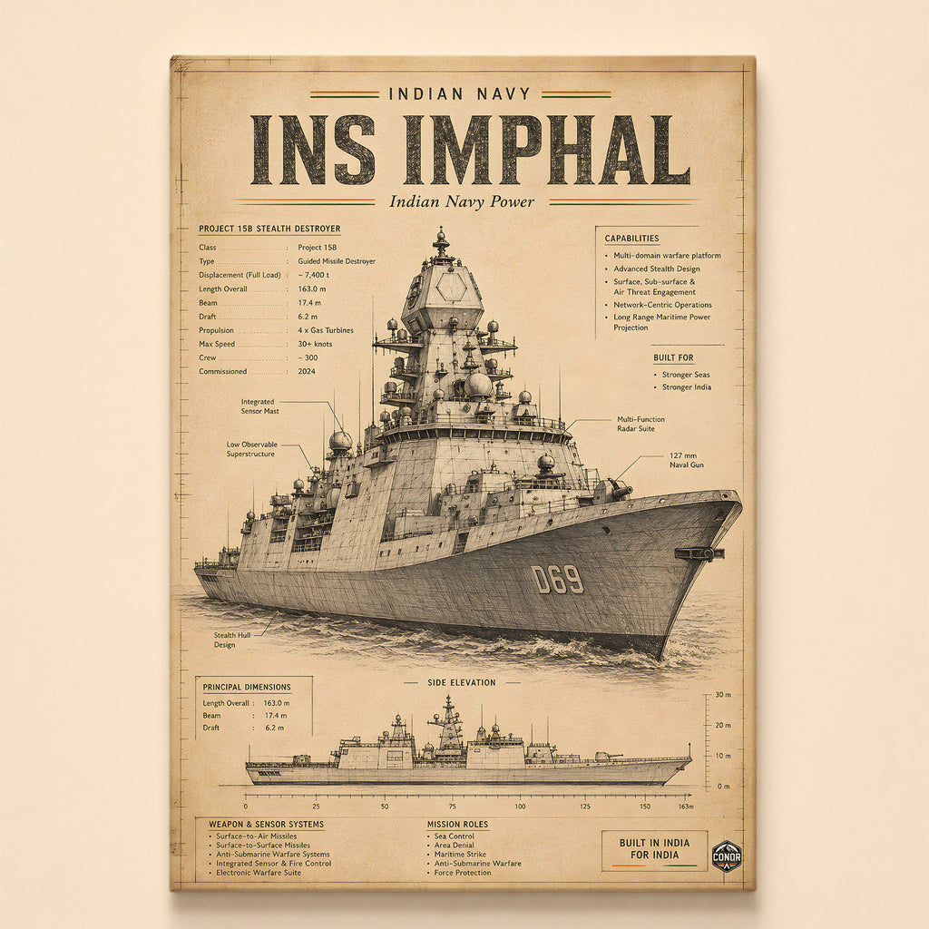 INS Imphal destroyer technical drawing with specifications, Indian Navy canvas wall art
