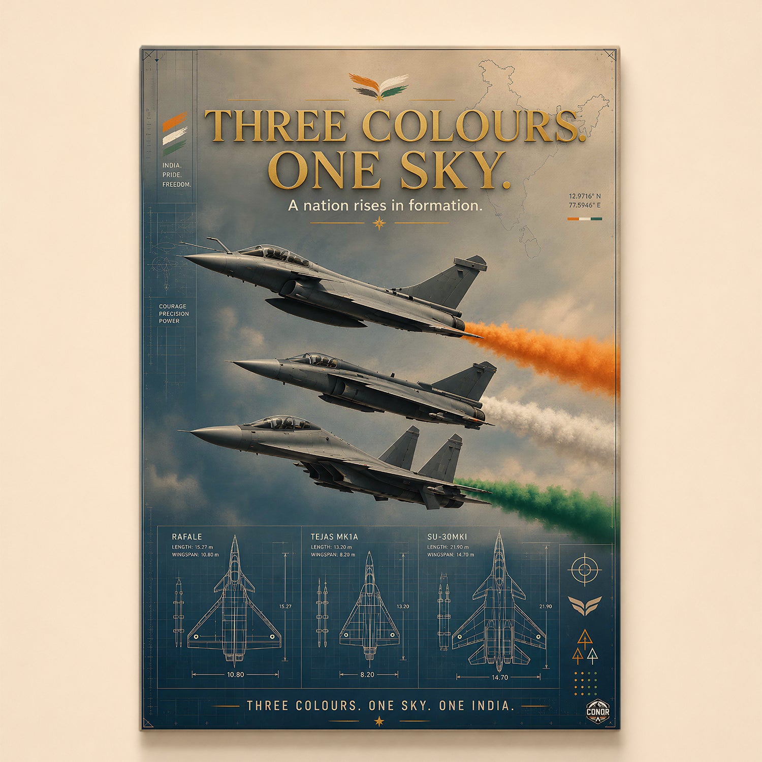 Three fighters in diagonal formation trailing saffron, white and green – Three Colours One Sky