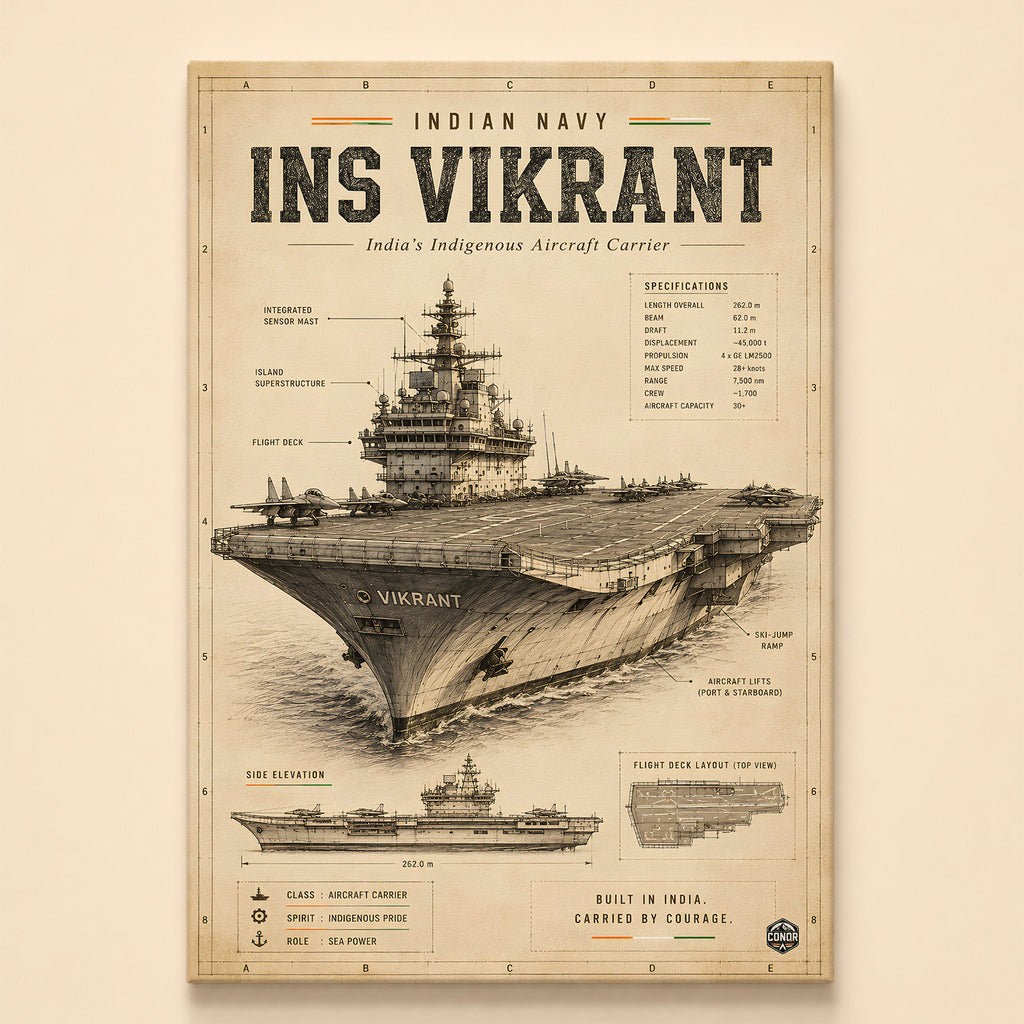INS Vikrant aircraft carrier blueprint with flight deck layout, Indian Navy canvas wall art