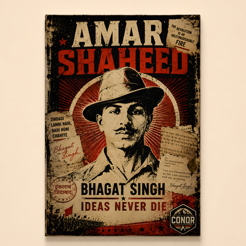 Bhagat Singh in his hat with Amar Shaheed lettering, canvas wall art