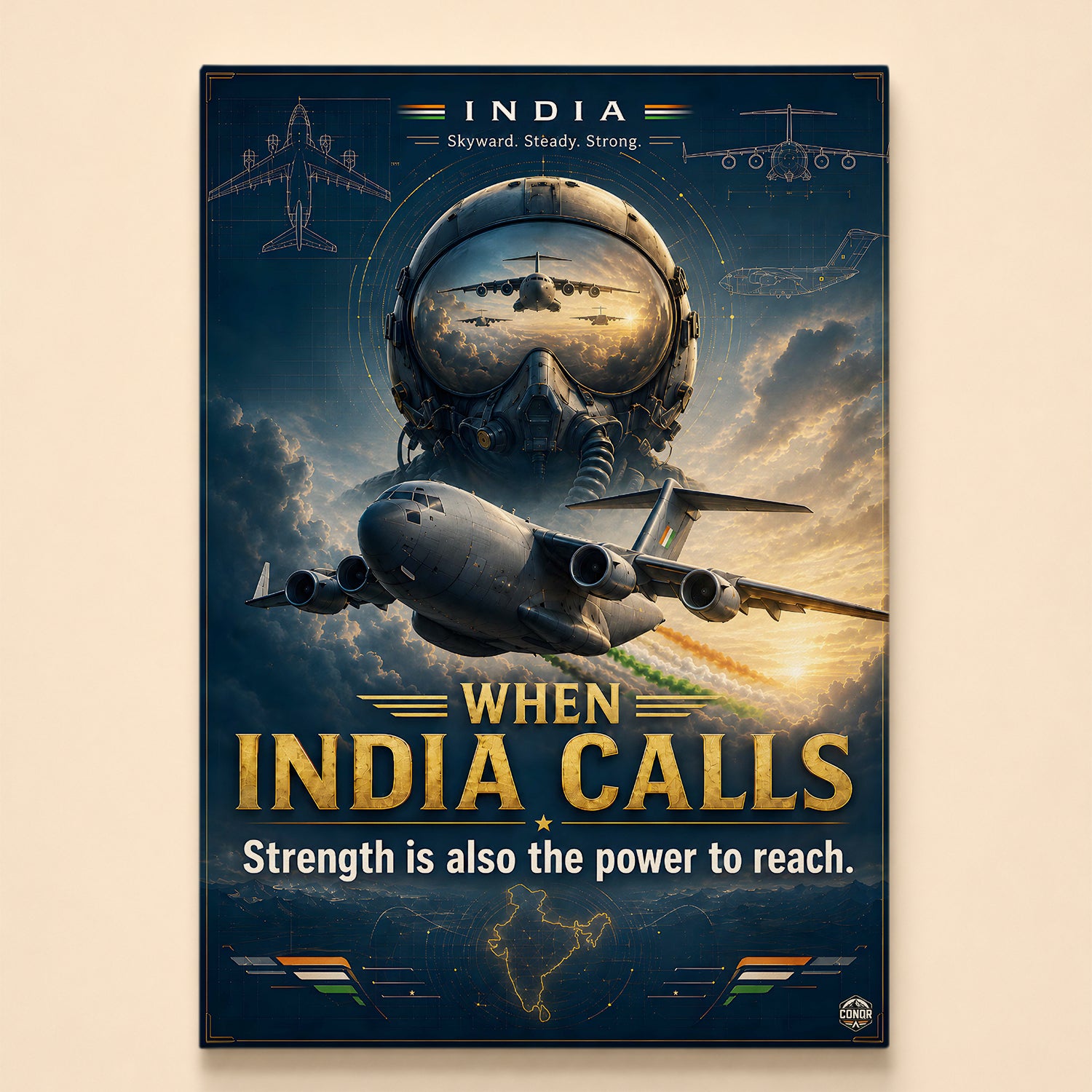 Pilot's helmet looming over a transport aircraft in tricolor cloud – When India Calls
