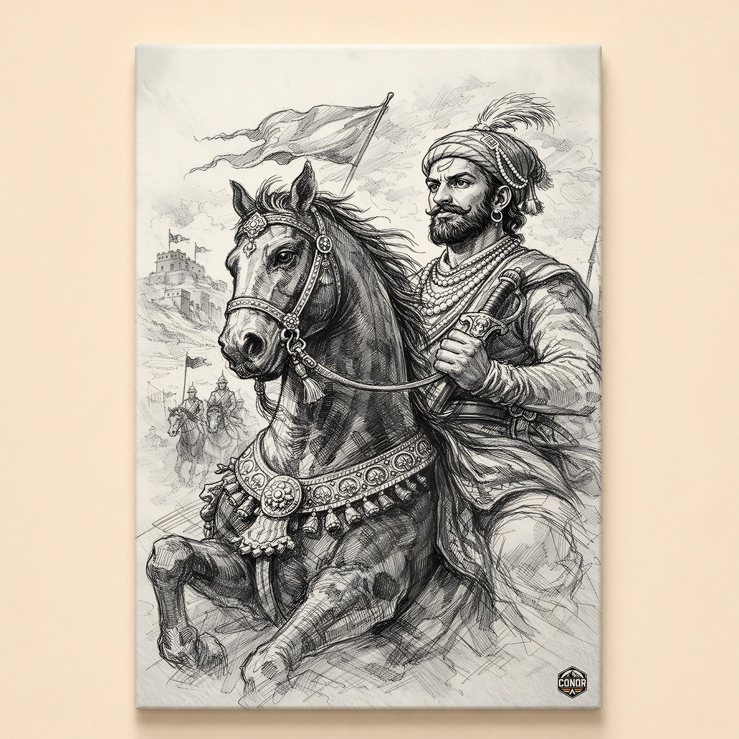 Shivaji Maharaj in royal attire riding an ornately adorned horse, black-and-white sketch with fort and flags behind