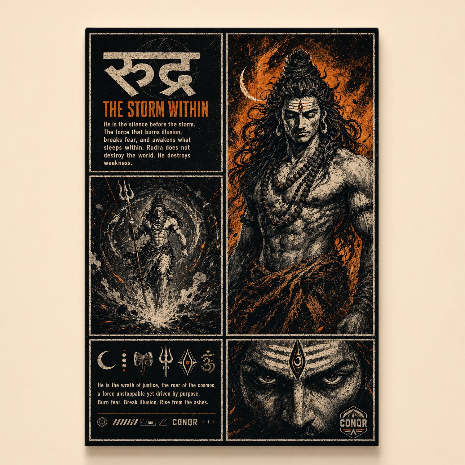 Three-panel dark graphic of Rudra with trishul, vortex and blazing third eye – The Storm Within