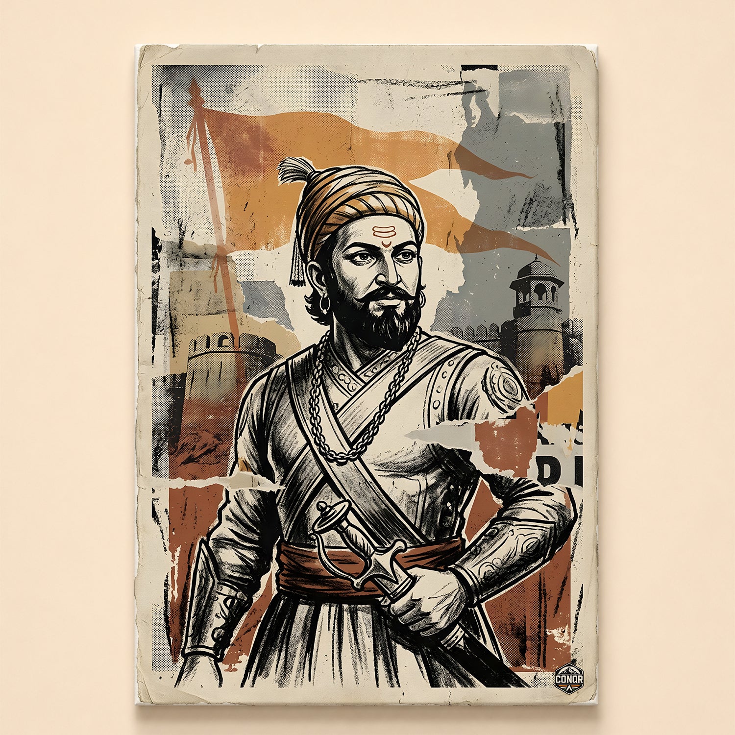 Bearded Maratha warrior with sword and saffron turban, vintage halftone art with fort architecture and orange flag