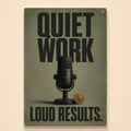 Studio microphone with a gold medal on olive green – Quiet Work Loud Results