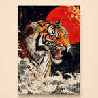 Ukiyo-e style tiger leaping through crashing waves before a red moon