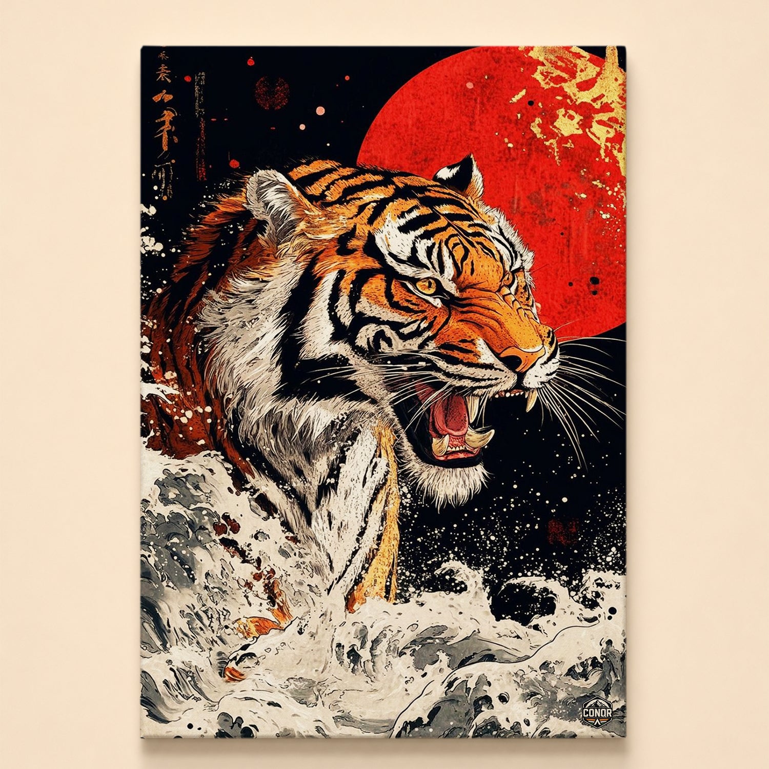 Ukiyo-e style tiger leaping through crashing waves before a red moon
