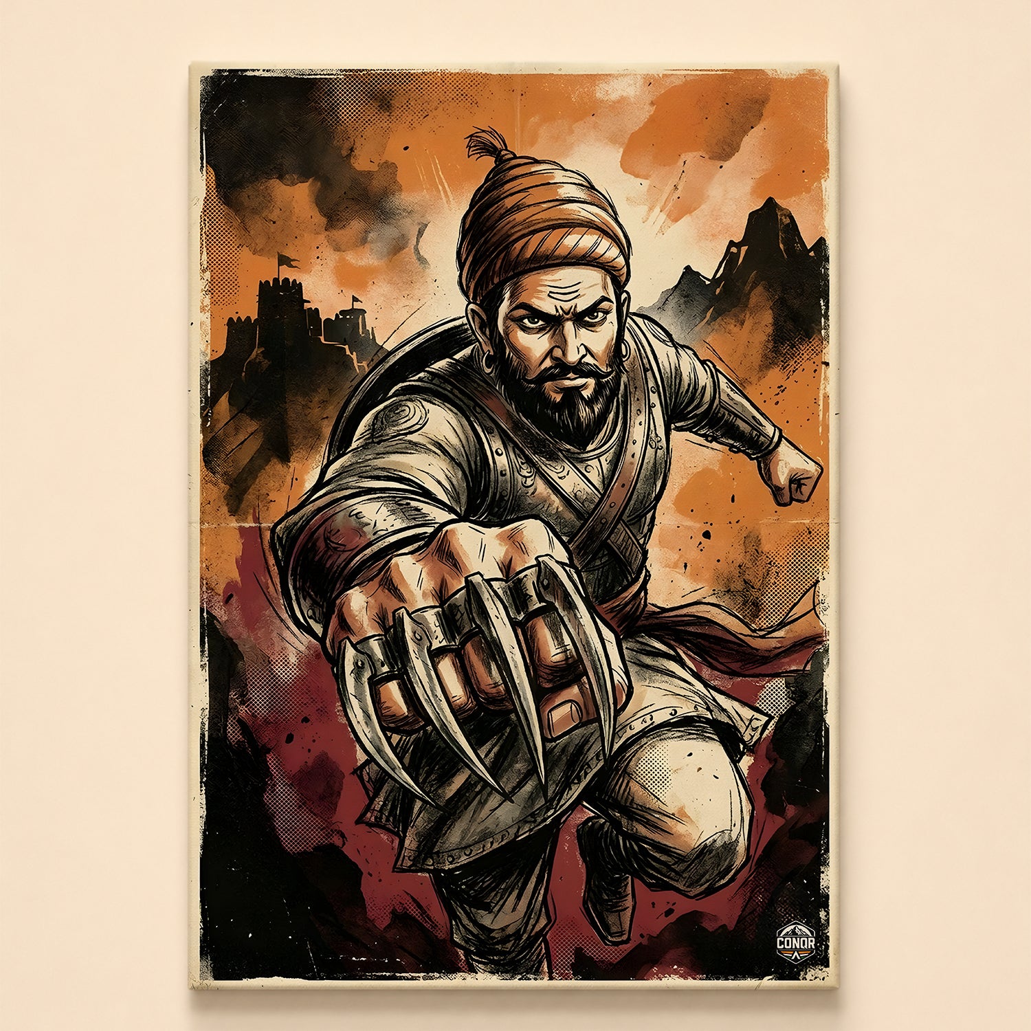 Warrior lunging with wagh nakh tiger claws, comic-style art in orange and deep red with silhouetted fort