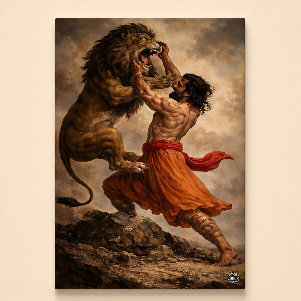 Warrior in saffron robes wrestling a roaring lion on a rocky ledge, classical painting style – Lionheart canvas art
