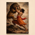Warrior in saffron robes wrestling a roaring lion on a rocky ledge, classical painting style – Lionheart canvas art