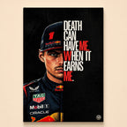 Half-face racing portrait beside Death can have me when it earns me in red and white