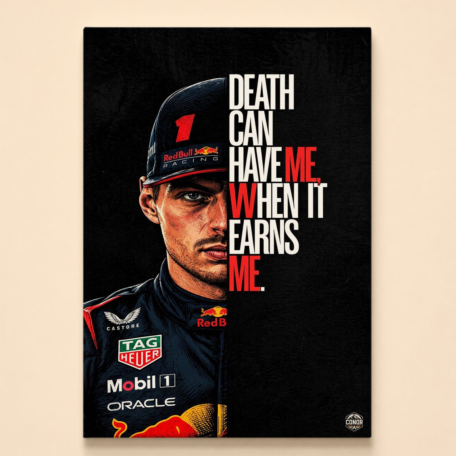 Half-face racing portrait beside Death can have me when it earns me in red and white