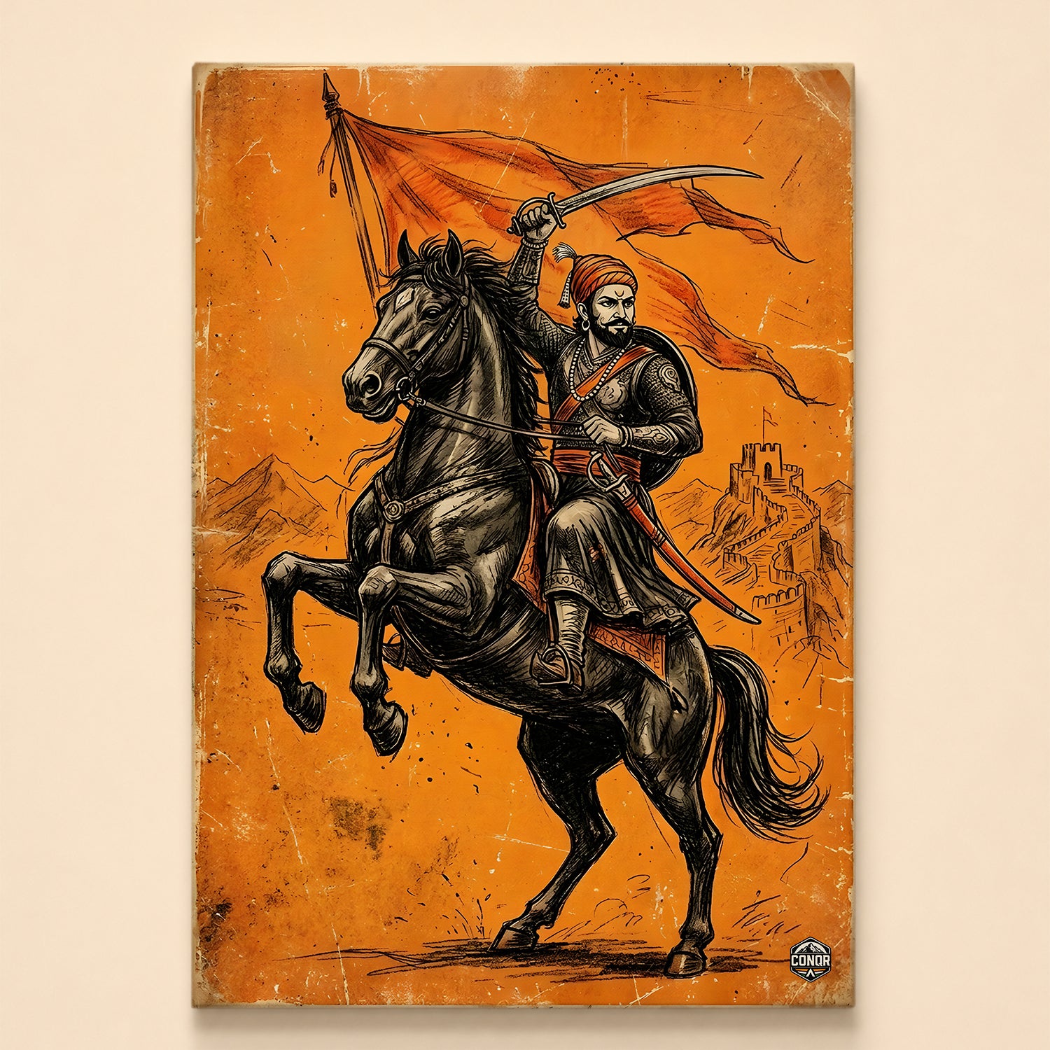 Shivaji Maharaj on a rearing black horse with sword and saffron flag, vintage ink illustration on amber