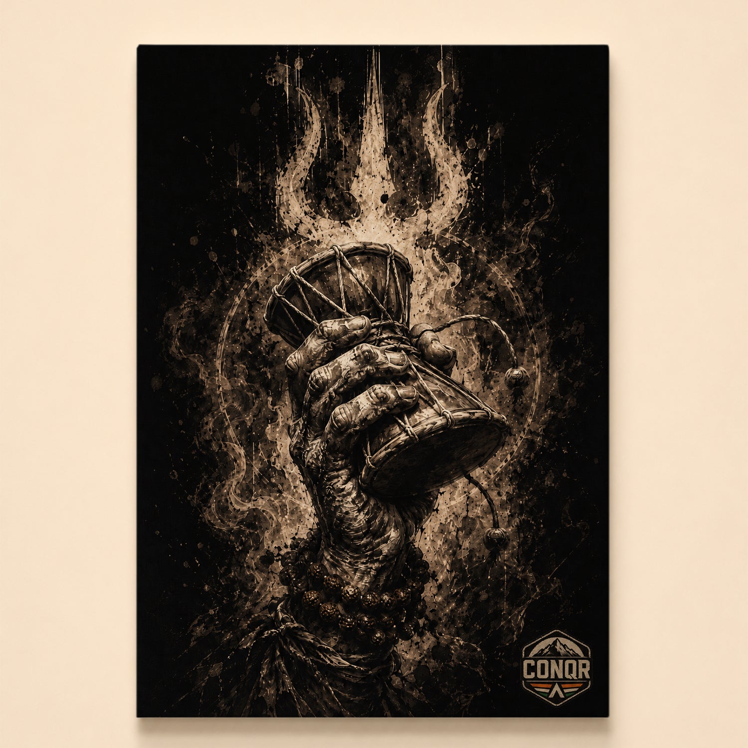 Textured hand gripping a damaru amid flame-like ink bursts on black – Cosmic Damru