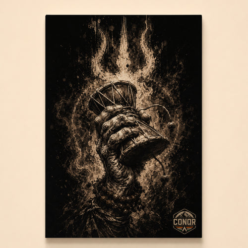 Textured hand gripping a damaru amid flame-like ink bursts on black – Cosmic Damru
