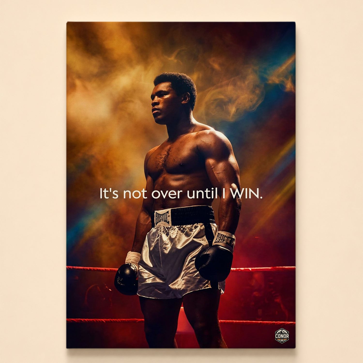 Boxer in white satin shorts gazing upward in the ring – it's not over until I win