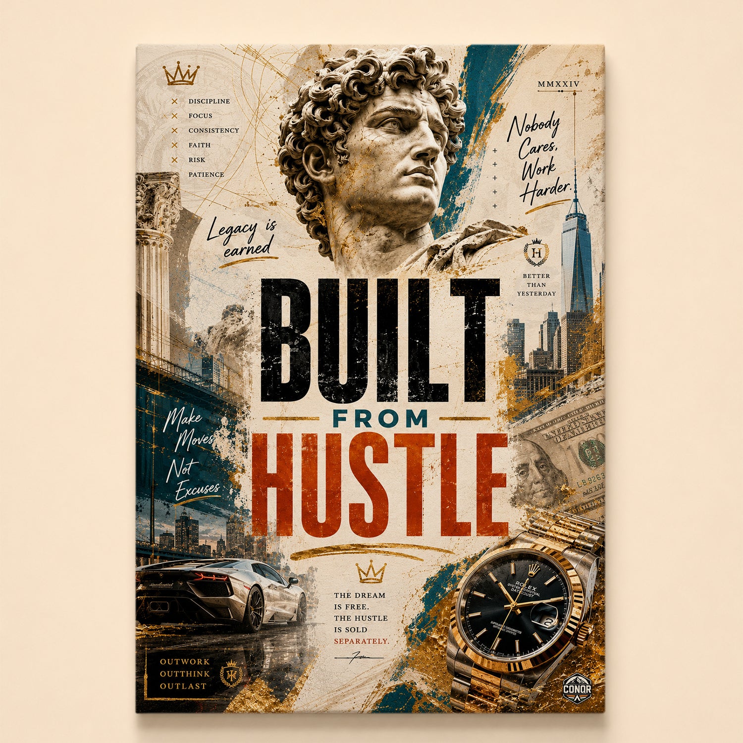 Classical statue bust over a city, sports car and cash collage – Built From Hustle