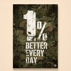 1% Better Every Day in white stencil letters on dark military camouflage