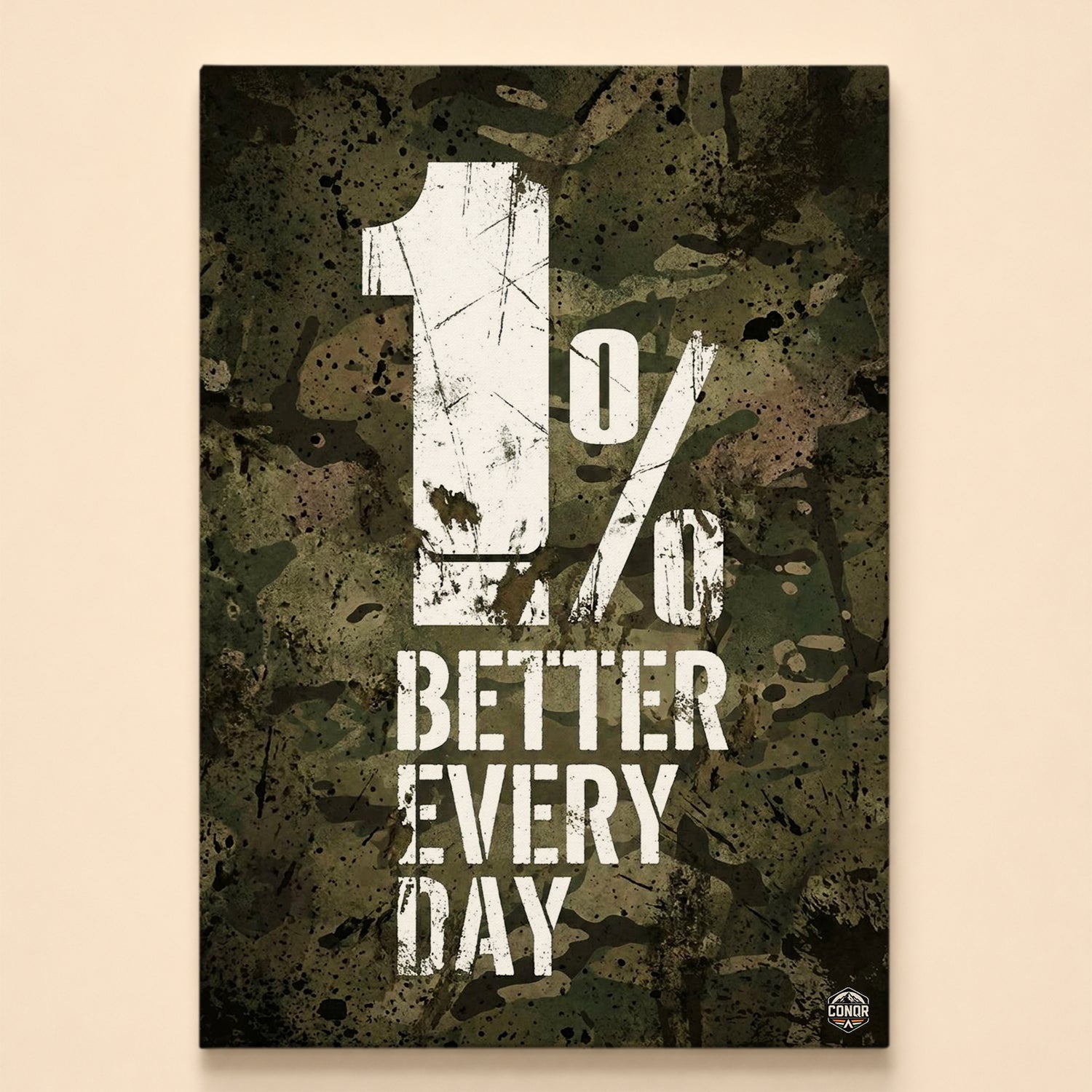 1% Better Every Day in white stencil letters on dark military camouflage