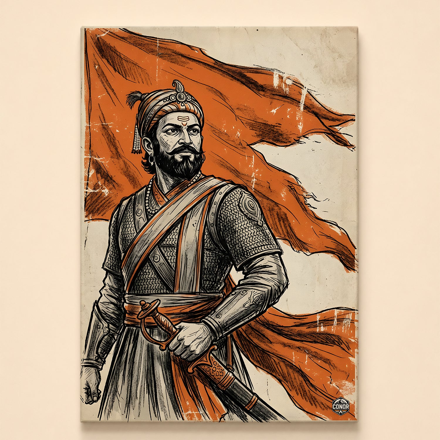 Maratha warrior holding a sword before a flowing saffron flag, black linework with orange accents on cream