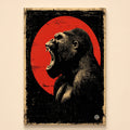 Roaring gorilla in vintage woodcut style against a red circle on black