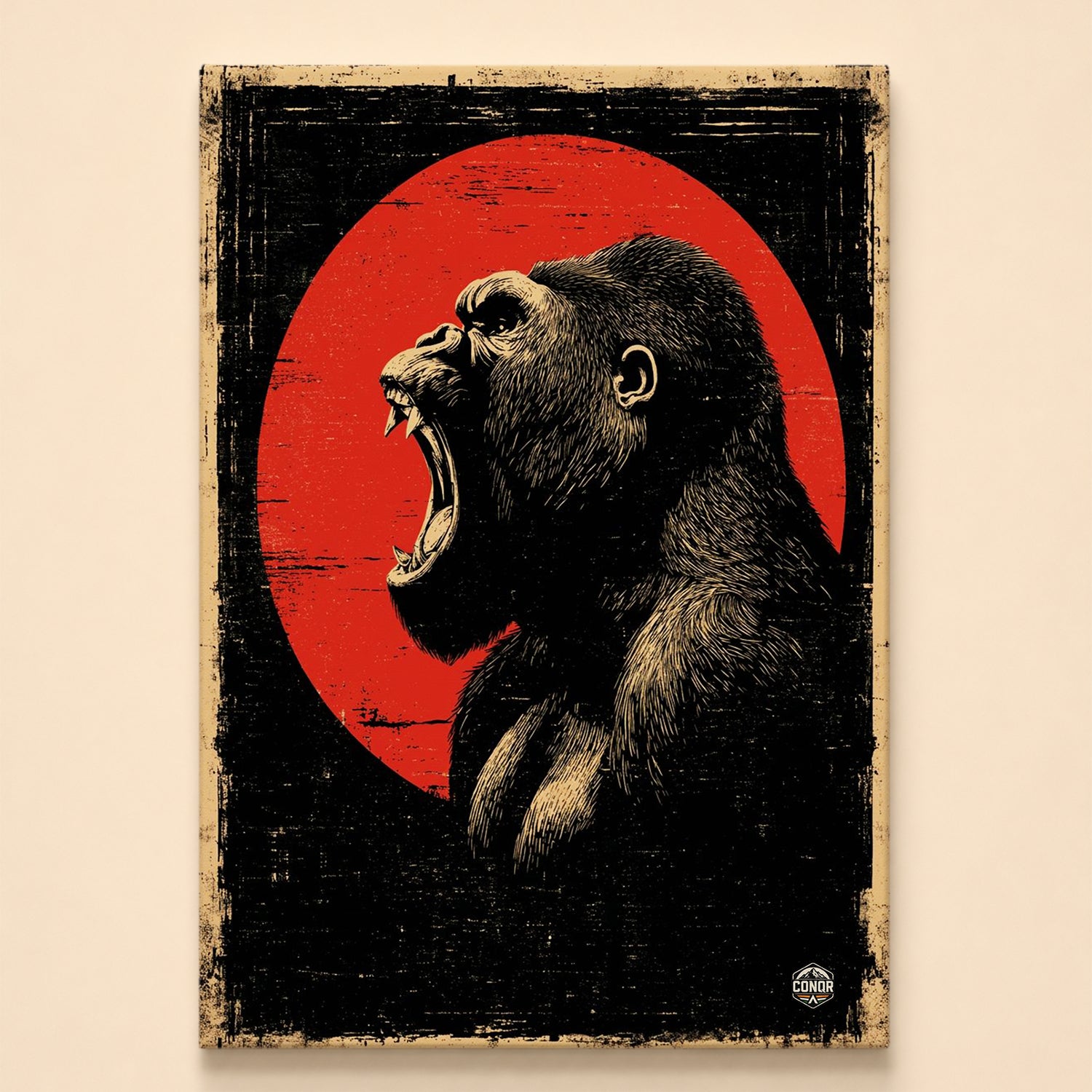 Roaring gorilla in vintage woodcut style against a red circle on black