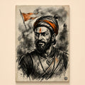 Ink sketch portrait of Shivaji Maharaj with tilak and orange turban, saffron flag and fort in the smoky background
